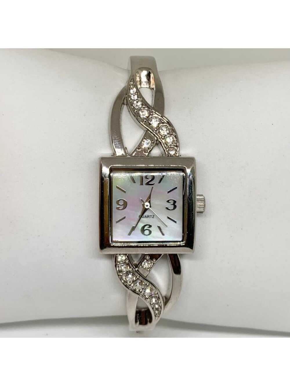 Avon SilverTone cuff bracelet women watch 21mm mop dial quartz size 7.5” running